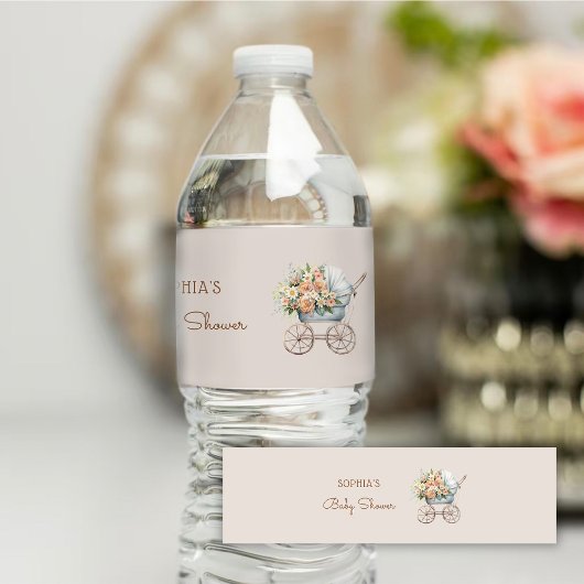 Boho Floral Baby Carriage Baby shower Waterfles Etiket