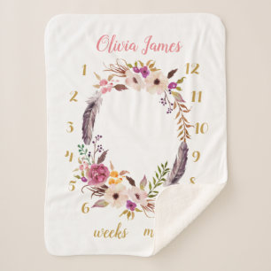 Boho Floral Baby Milestone Monthly Sherpa Blanket Deken