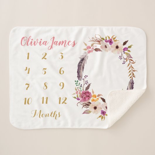 Boho Floral Baby Milestone Monthly Sherpa Blanket Sherpa Deken (Voorkant (horizontaal))