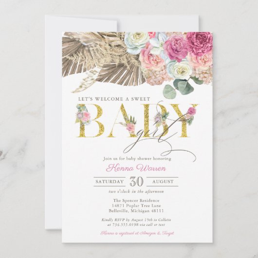 Boho Floral BABY Pampas en Palm Girl Baby shower Kaart (Voorkant)