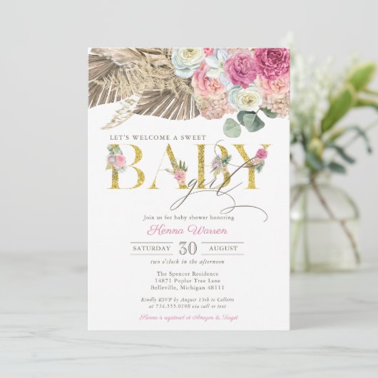 Boho Floral BABY Pampas en Palm Girl Baby shower Kaart (Staand voorkant)
