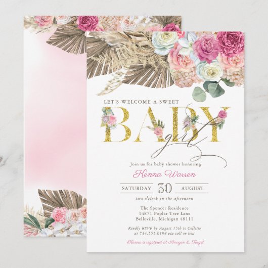 Boho Floral BABY Pampas en Palm Girl Baby shower Kaart (Voorkant / Achterkant)