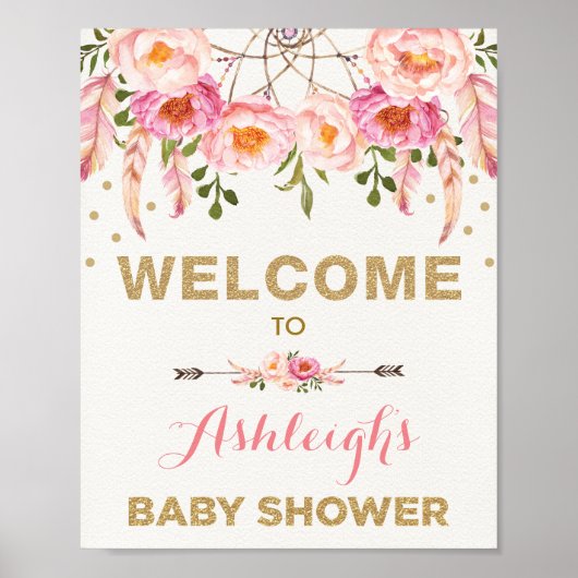 Boho Floral Baby shower Blush Drocatcher Welkom Poster (Voorkant)
