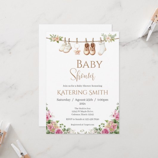 Boho floral Baby Shower Girl invitation Kaart (Voorkant / Achterkant in situ)
