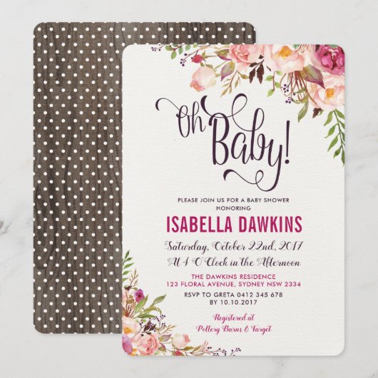 Boho Floral Baby shower Invitation Rustic Flower Kaart (Voorkant / Achterkant)