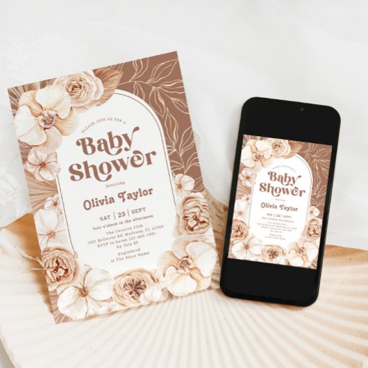 Boho Floral Baby shower Mocha Kaart