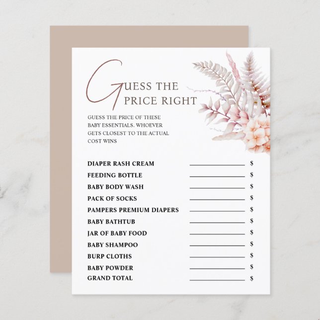 Boho Floral Baby shower raden de prijs juiste spel (Voorkant / Achterkant)