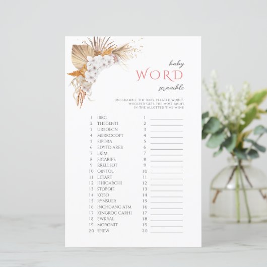 Boho Floral BabyWord Scramble Baby shower Game (Staand voorkant)