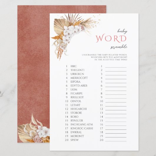 Boho Floral BabyWord Scramble Baby shower Game (Voorkant / Achterkant)