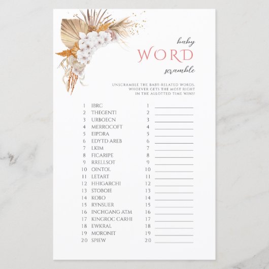Boho Floral BabyWord Scramble Baby shower Game (Voorkant)