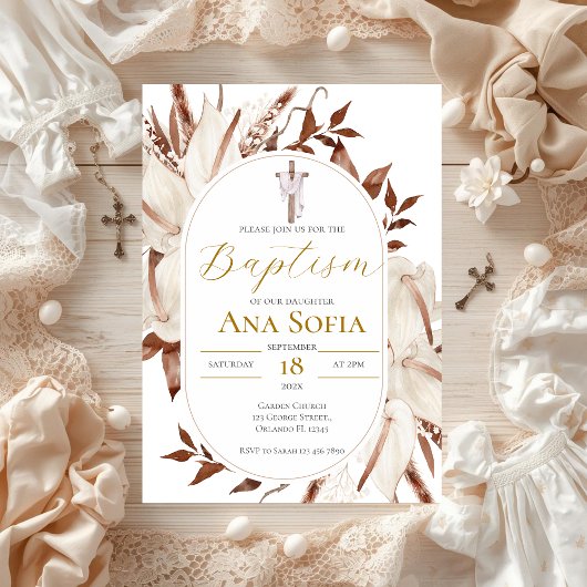 Boho Floral Baptism Invitation Kaart