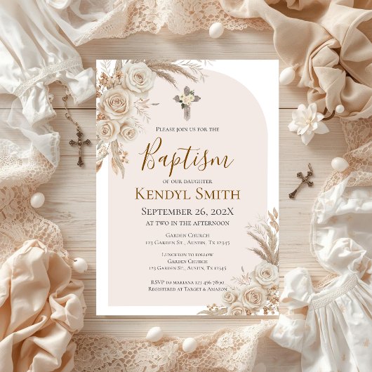 Boho Floral Baptism  Invitation Kaart