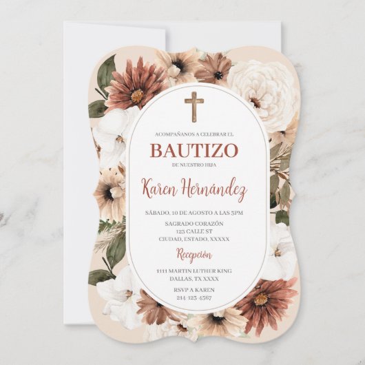 Boho Floral Baptism Spaanse uitnodiging (Voorkant)