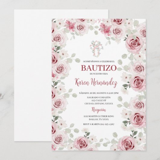 Boho Floral Baptism Spaanse uitnodiging (Voorkant / Achterkant)