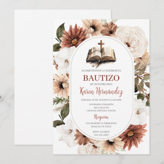 Boho Floral Baptism Spaanse uitnodiging (Voorkant / Achterkant)