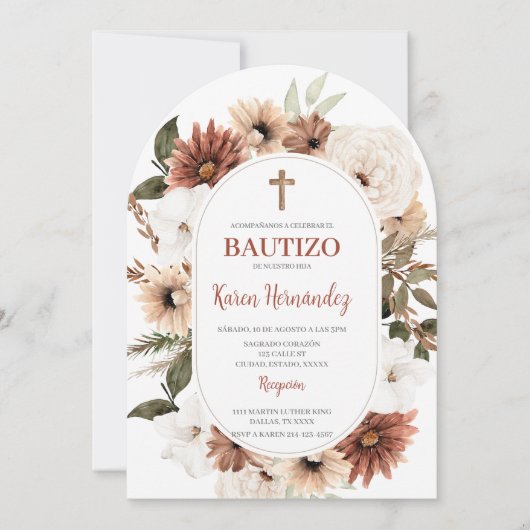 Boho Floral Baptism Spaanse uitnodiging (Voorkant)