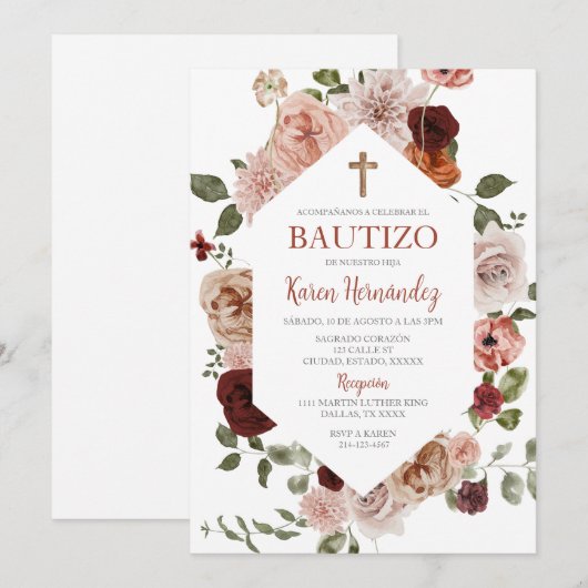 Boho Floral Baptism Spaanse uitnodiging (Voorkant / Achterkant)