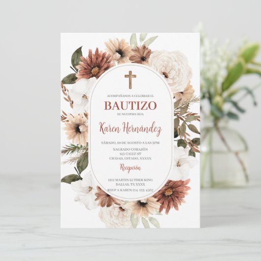 Boho Floral Baptism Spaanse uitnodiging (Staand voorkant)