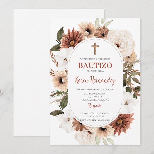 Boho Floral Baptism Spaanse uitnodiging (Voorkant / Achterkant)