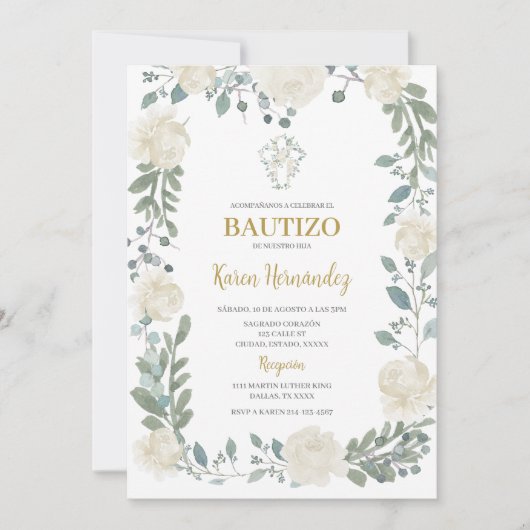 Boho Floral Baptism Spaanse uitnodiging (Voorkant)
