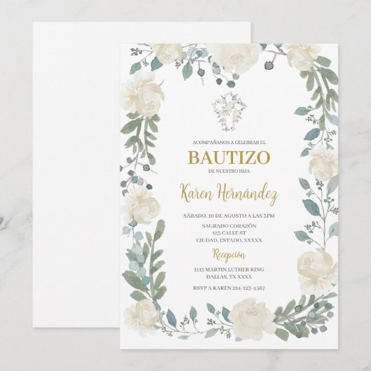 Boho Floral Baptism Spaanse uitnodiging (Voorkant / Achterkant)