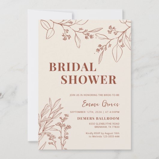 Boho Floral Beige Bridal Shower Invitation Kaart (Voorkant)