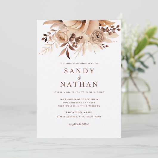 Boho Floral Beige bruiloft uitnodiging (Staand voorkant)