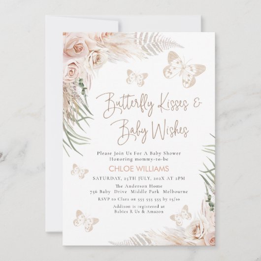 Boho Floral Beige Butterfly Kisses Baby shower Kaart (Voorkant)