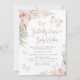 Boho Floral Beige Butterfly Kisses Baby shower Kaart