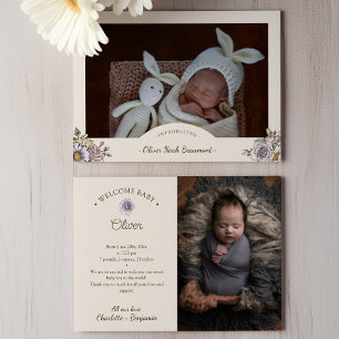 Boho  Floral Beige Twee foto Geboorte Aankondiging