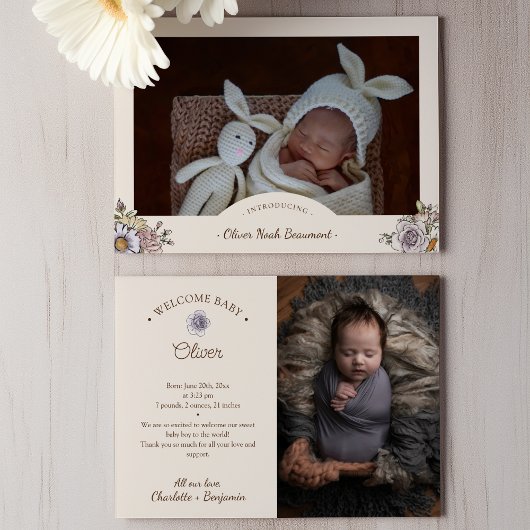 Boho Floral Beige Twee foto Geboorte Aankondiging