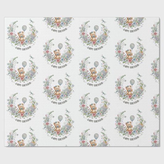 Boho floral birthday bear cadeaupapier (Vlak)