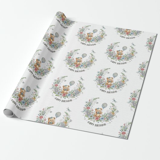 Boho floral birthday bear cadeaupapier (Uitgerold)