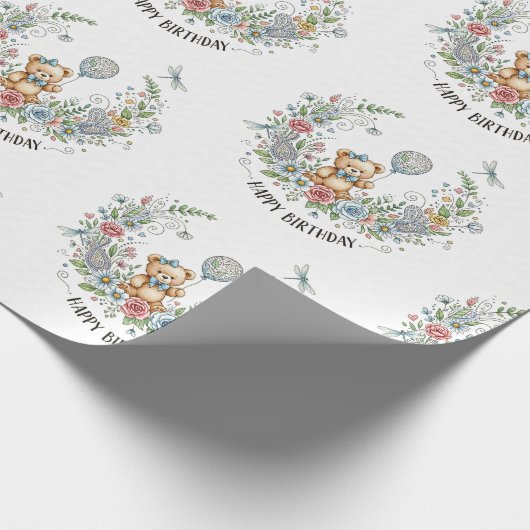 Boho floral birthday bear cadeaupapier (Hoek)