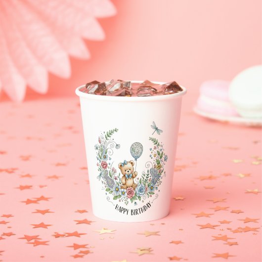 Boho floral birthday bear papieren bekers (Insitu)