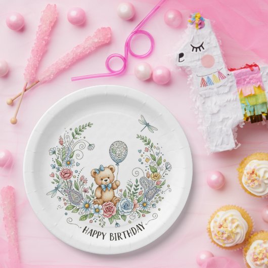 Boho floral birthday bear papieren bordje (Feest)