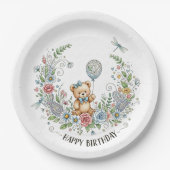 Boho floral birthday bear papieren bordje (Voorkant)