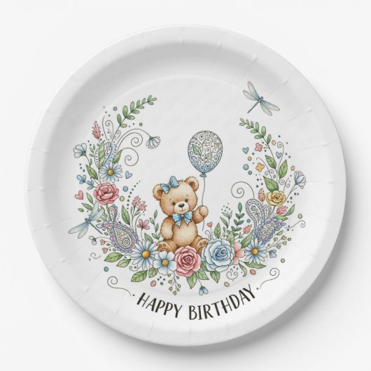 Boho floral birthday bear papieren bordje (Voorkant)