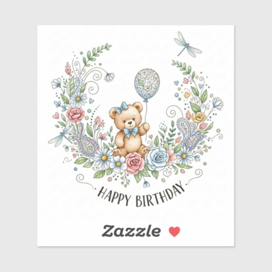 Boho floral birthday bear sticker (Vel)