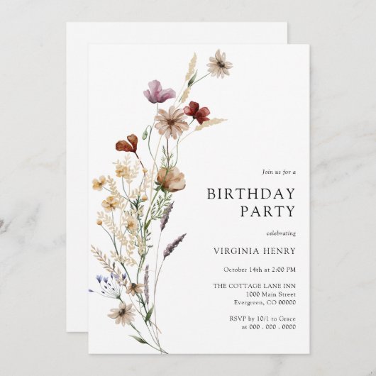 Boho Floral Birthday Uitnodiging (Voorkant / Achterkant)