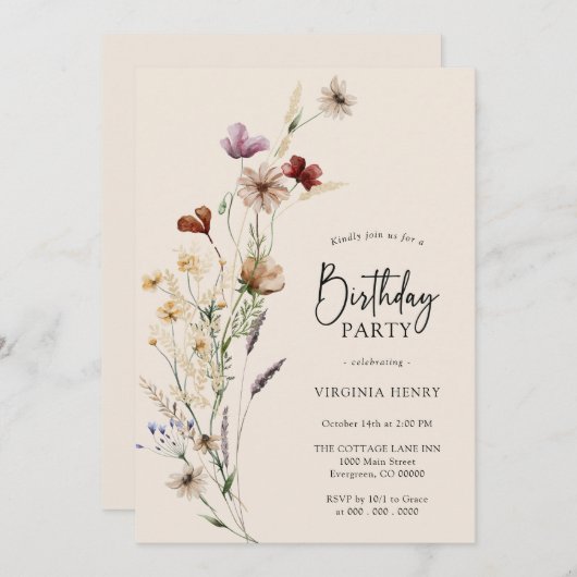 Boho Floral Birthday Uitnodiging (Voorkant / Achterkant)