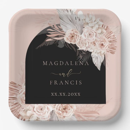 boho floral black arch bruiloft papieren bordje (Voorkant)