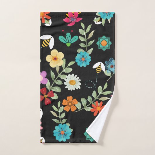 Boho Floral Black Background Pattern Bad Handdoek (Handdoek)