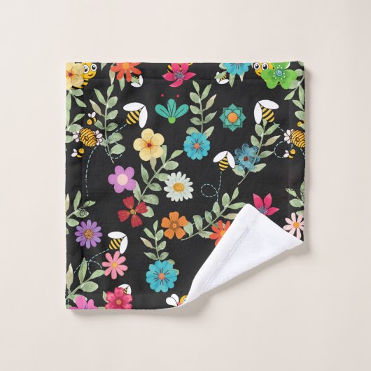 Boho Floral Black Background Pattern Bad Handdoek (Wasdoekje)
