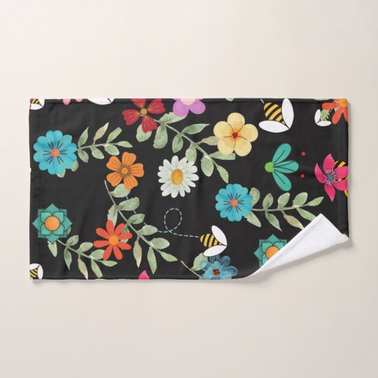 Boho Floral Black Background Pattern Bad Handdoek (Handdoek)