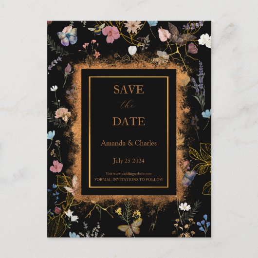 Boho Floral Black Butterfly Garden Bewaar de datum Briefkaart (Voorkant)