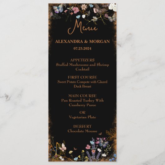 Boho Floral Black Butterfly Garden Menu (Voorkant)
