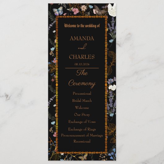 Boho Floral Black Butterfly Garden Programmakaart (Voorkant)