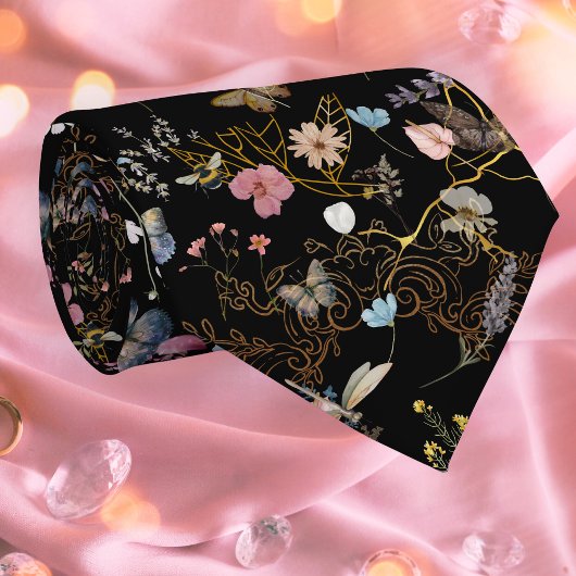 Boho Floral Black Butterfly Garden Stropdas