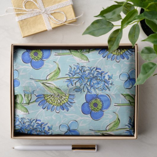 Boho Floral Blue Decoupage Tissuepapier (Geschenk)